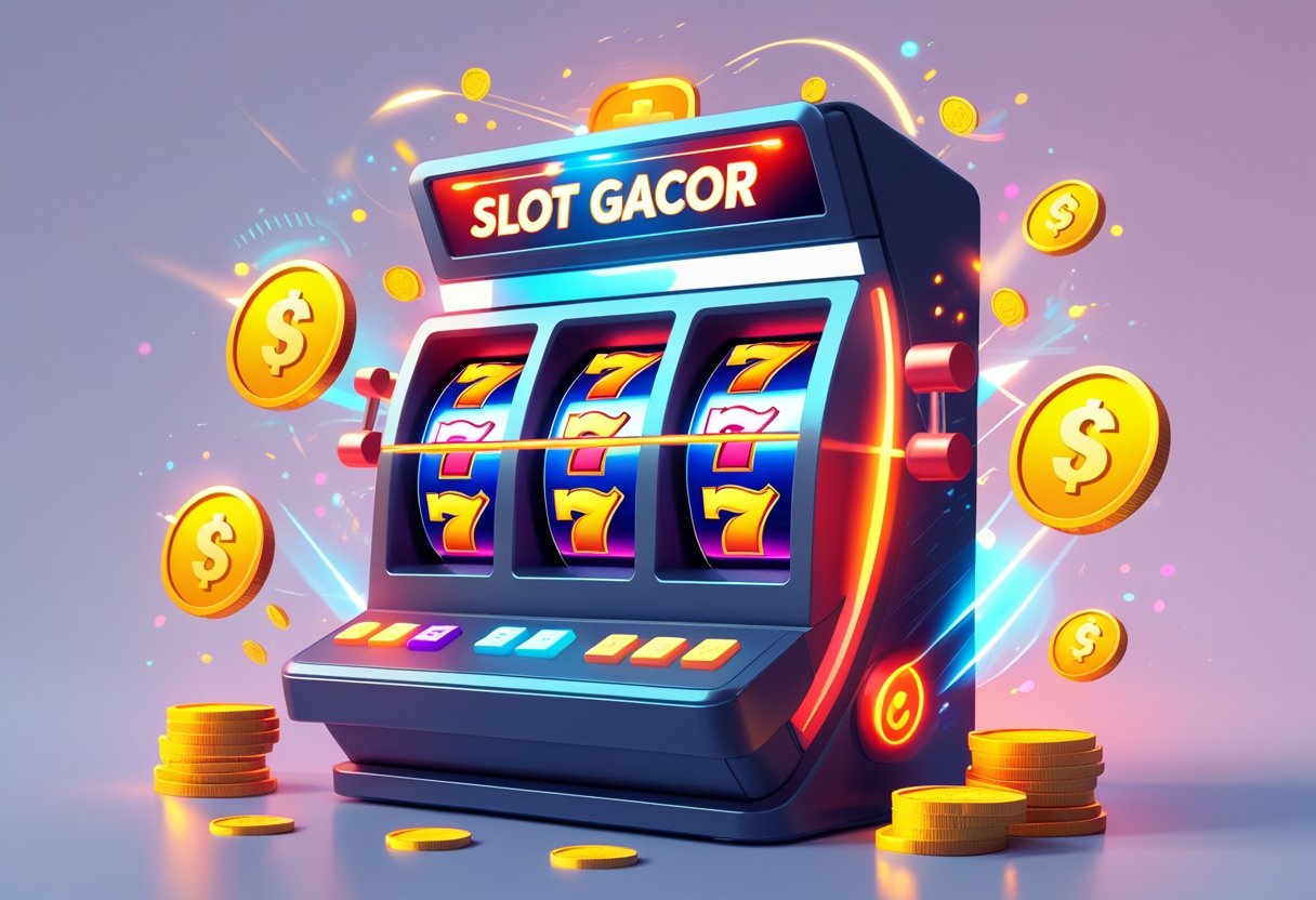 Mesin slot modern dengan simbol berputar dan koin berkilauan di sekitarnya, menggambarkan suasana kemenangan dan keberuntungan.