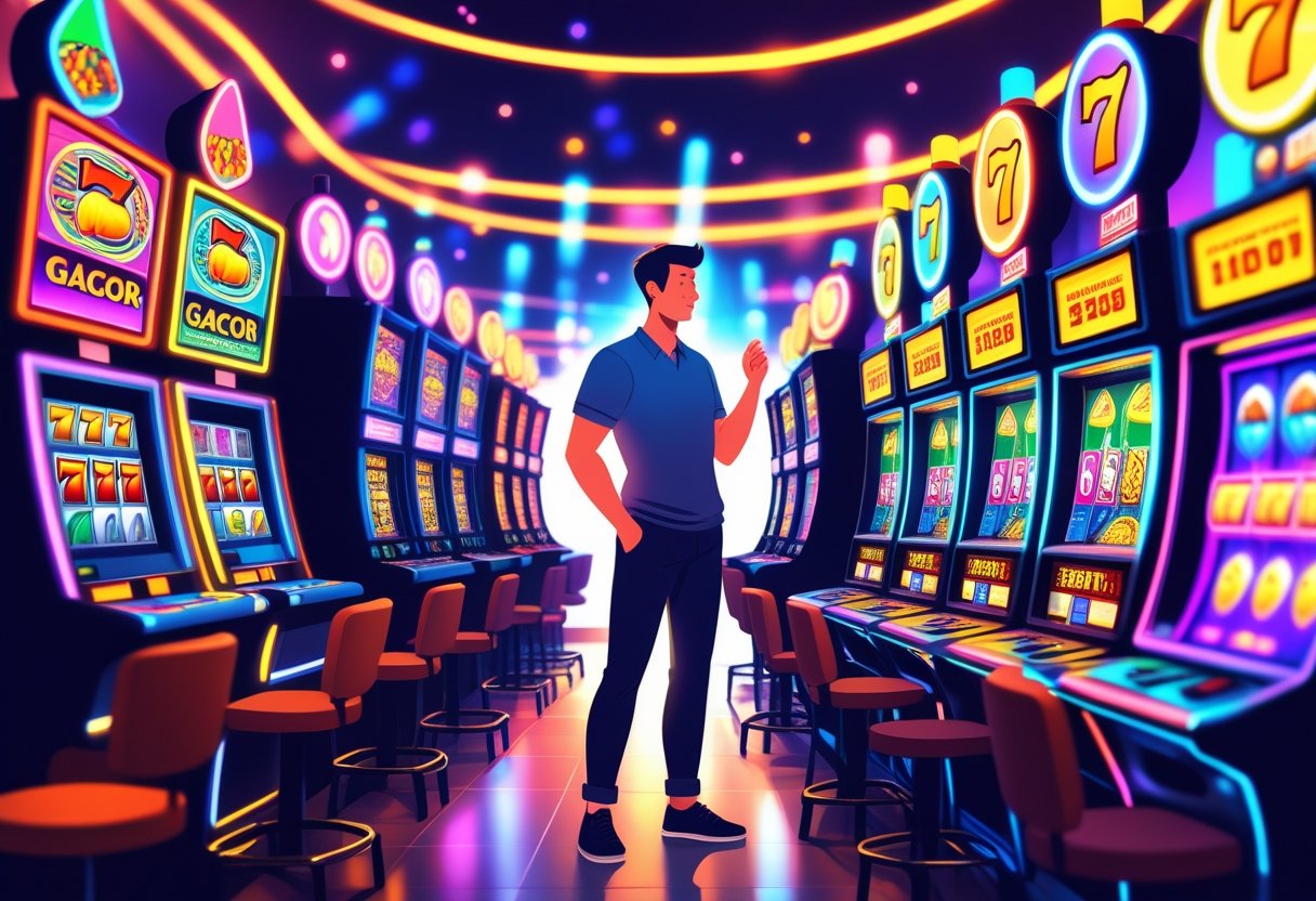 Seseorang sedang memilih mesin slot yang paling menarik di sebuah kasino dengan beberapa mesin slot berwarna-warni di sekitarnya.