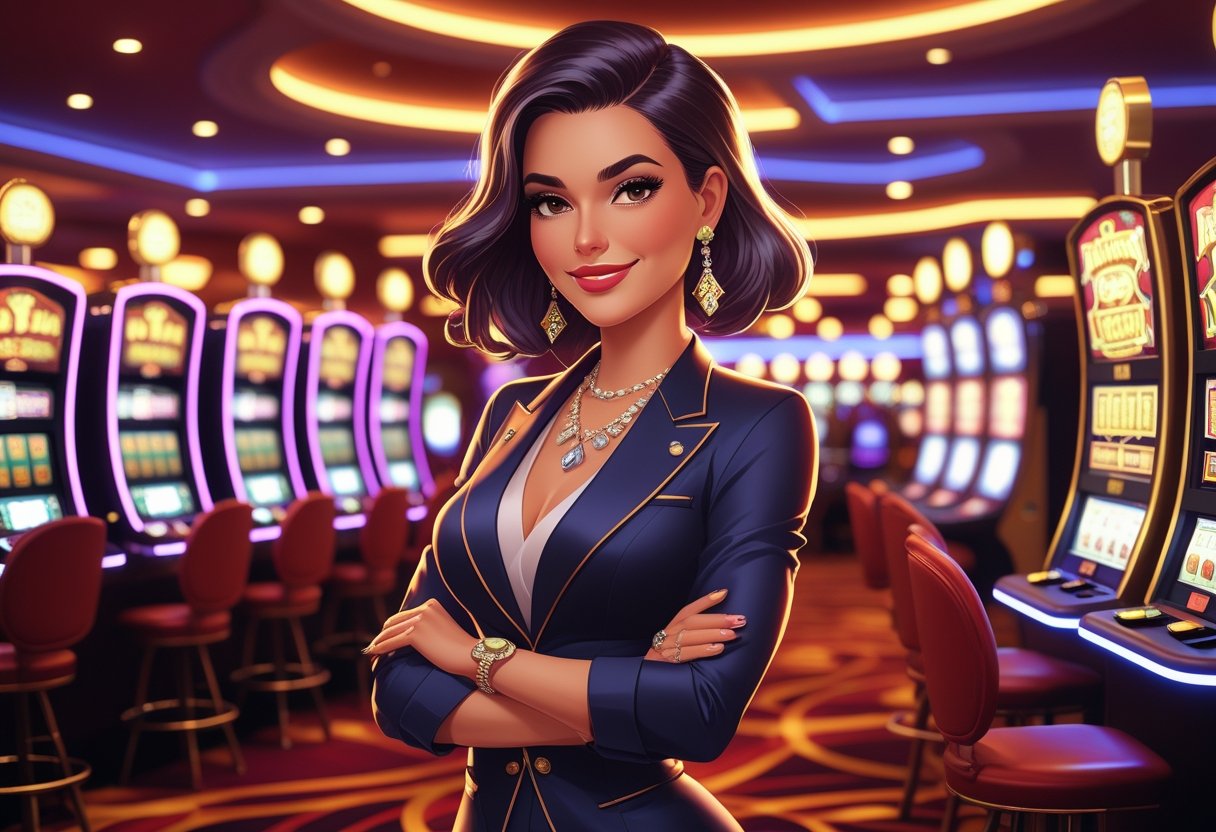 Seorang wanita berdiri di lantai kasino yang cerah dengan mesin slot berwarna-warni di sekitarnya.