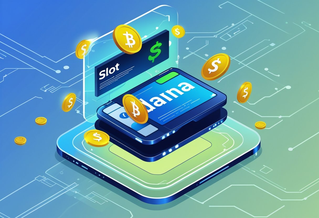 Ilustrasi dompet digital dengan ikon uang dan transaksi mengambang di layar transparan dengan latar belakang biru dan pola sirkuit.
