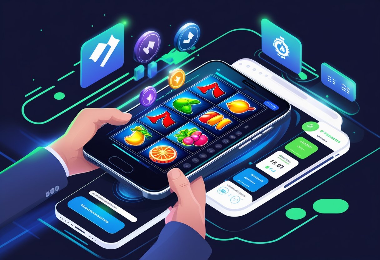 Seseorang memegang smartphone yang menampilkan permainan mesin slot yang berwarna-warni dan antarmuka dompet digital untuk transaksi yang aman dan mudah.